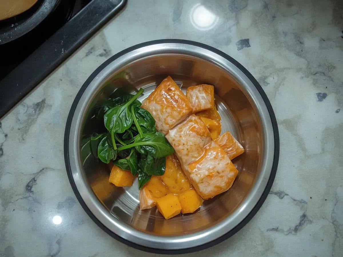 Hausgemachte Hundemahlzeit aus gebratenem Lachs, Süßkartoffel und Spinat in einem Napf