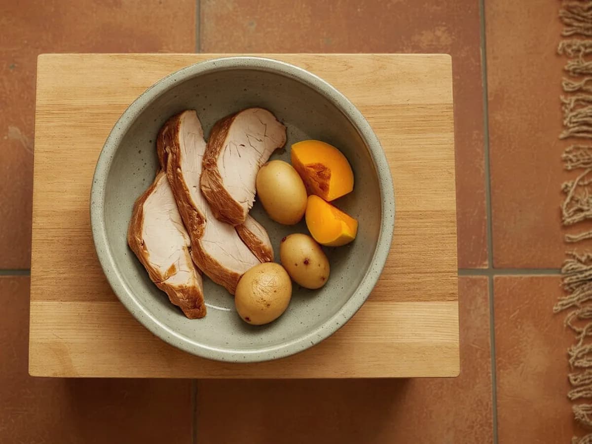 Hausgemachte Hundemahlzeit aus Putenbraten, Kartoffeln und Kürbis in einem Napf